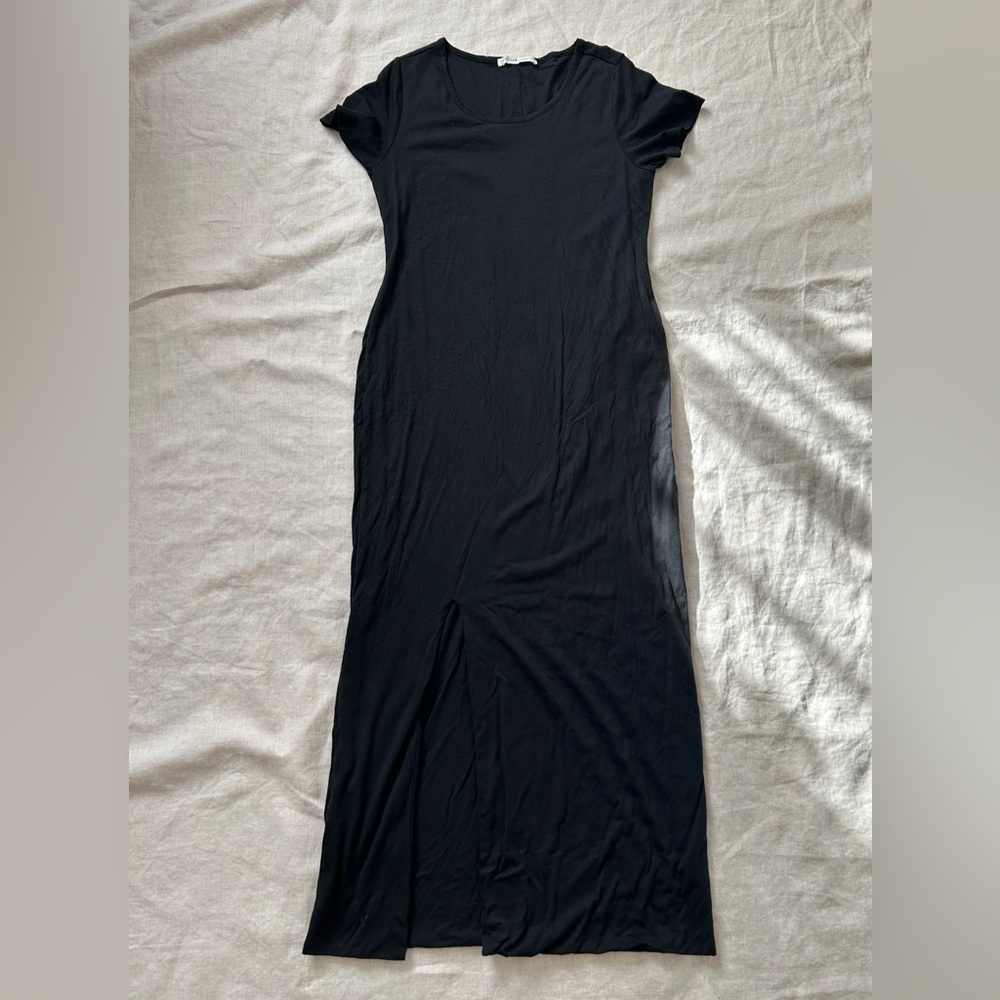 Peruvian Connection Cotton Jersey Black Maxi Dress Round Neck Cap Sleeve Slit